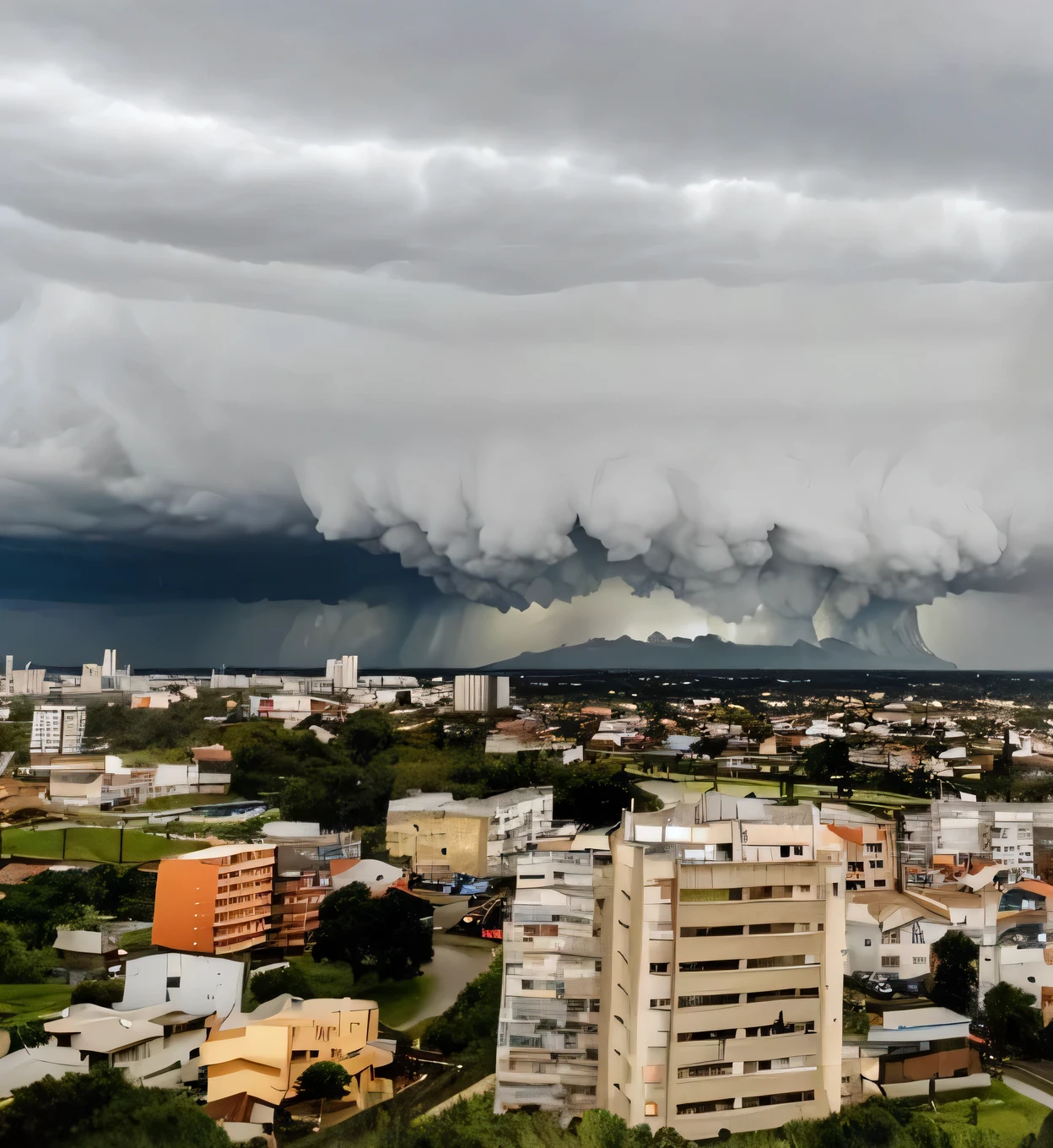 a view of a city with a big cloud in the sky, massive clouds, clouds and corrupted city behind, cumulonimbus, weather photography, nuvens enormes, pairando sobre uma cidade, Nuvens gigantes, cumulonimbus clouds, Nuvens intimidadoras, grandes nuvens de tempestade, giant cumulonimbus cloud, Stromal hurricane clouds, Nuvens de tempestade