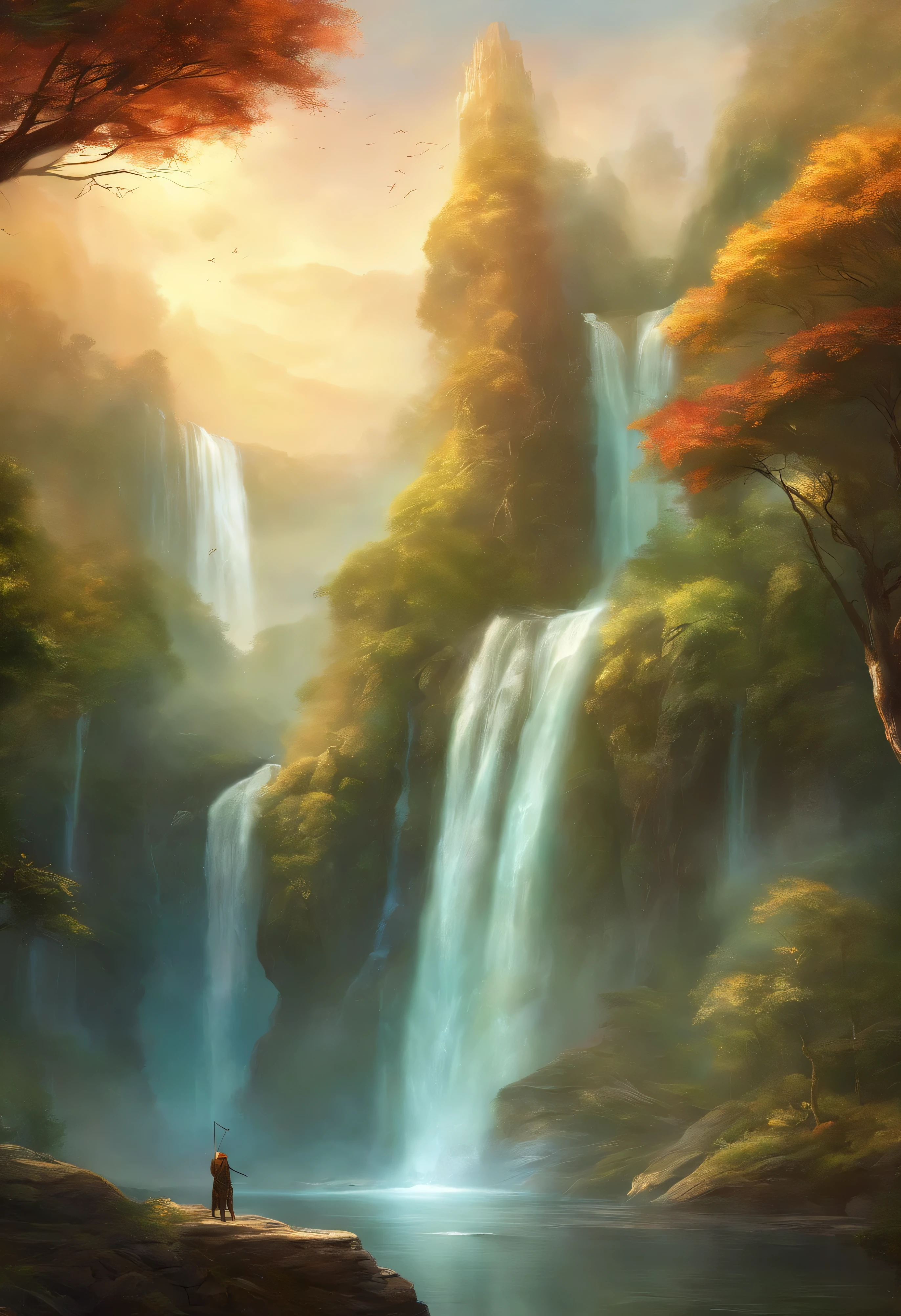 Large waterfall in the distance,, textur, tall, Majestic, inverted image, The background is illuminated by sunlight, Towering trees, An old Chinese man is doing Tai Chi. The composition is beautiful, With masterpieces, the detail, and HD