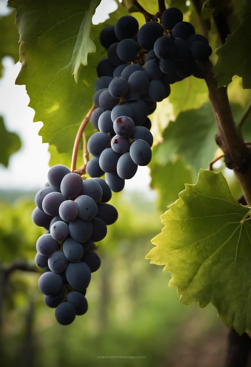 a high-resolution shot of a grapevine in a vineyard, with lush green leaves and clusters of grapes, evoking the beauty and abundance of nature’s harvest