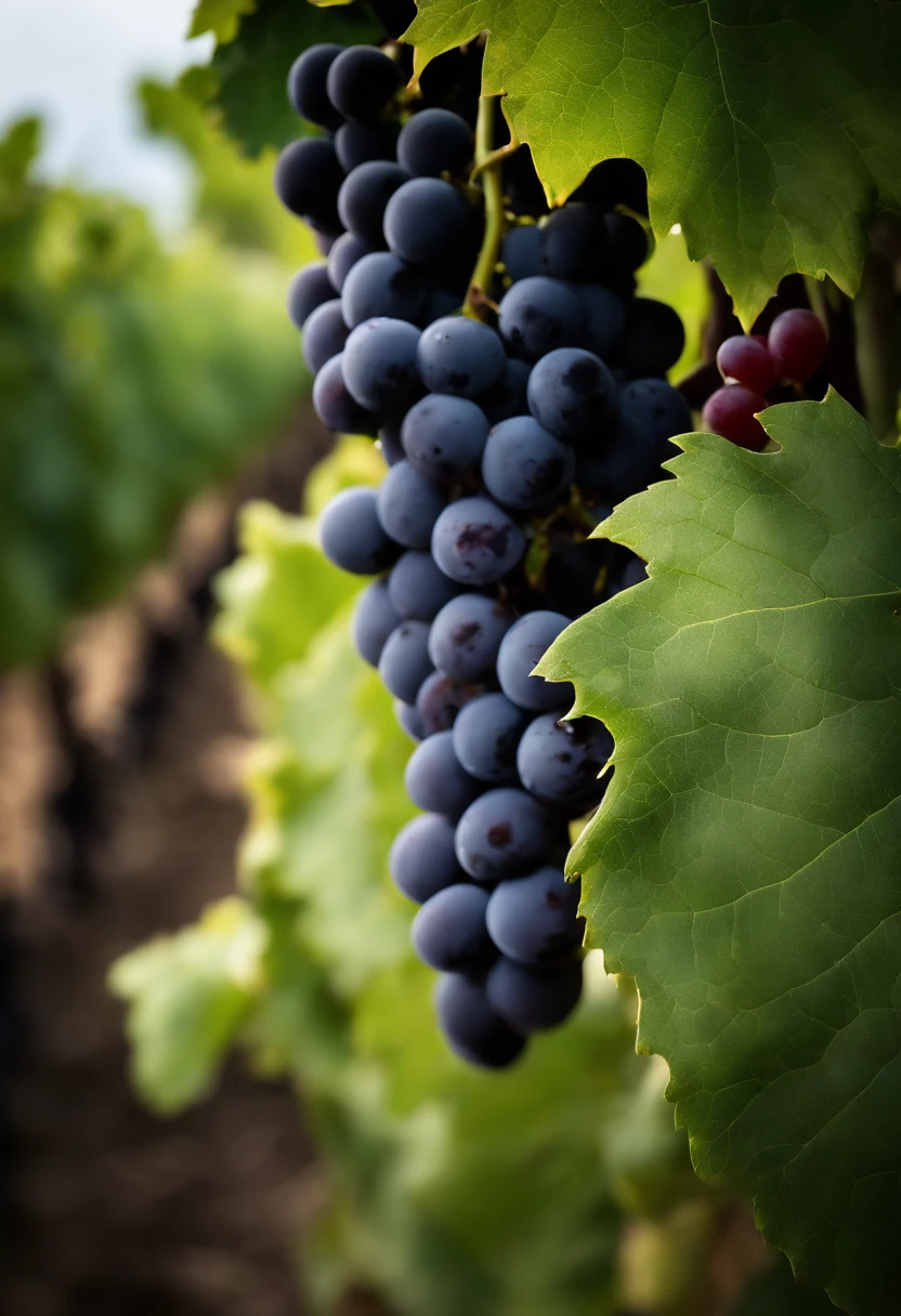 a high-resolution shot of a grapevine in a vineyard, with lush green leaves and clusters of grapes, evoking the beauty and abundance of nature’s harvest