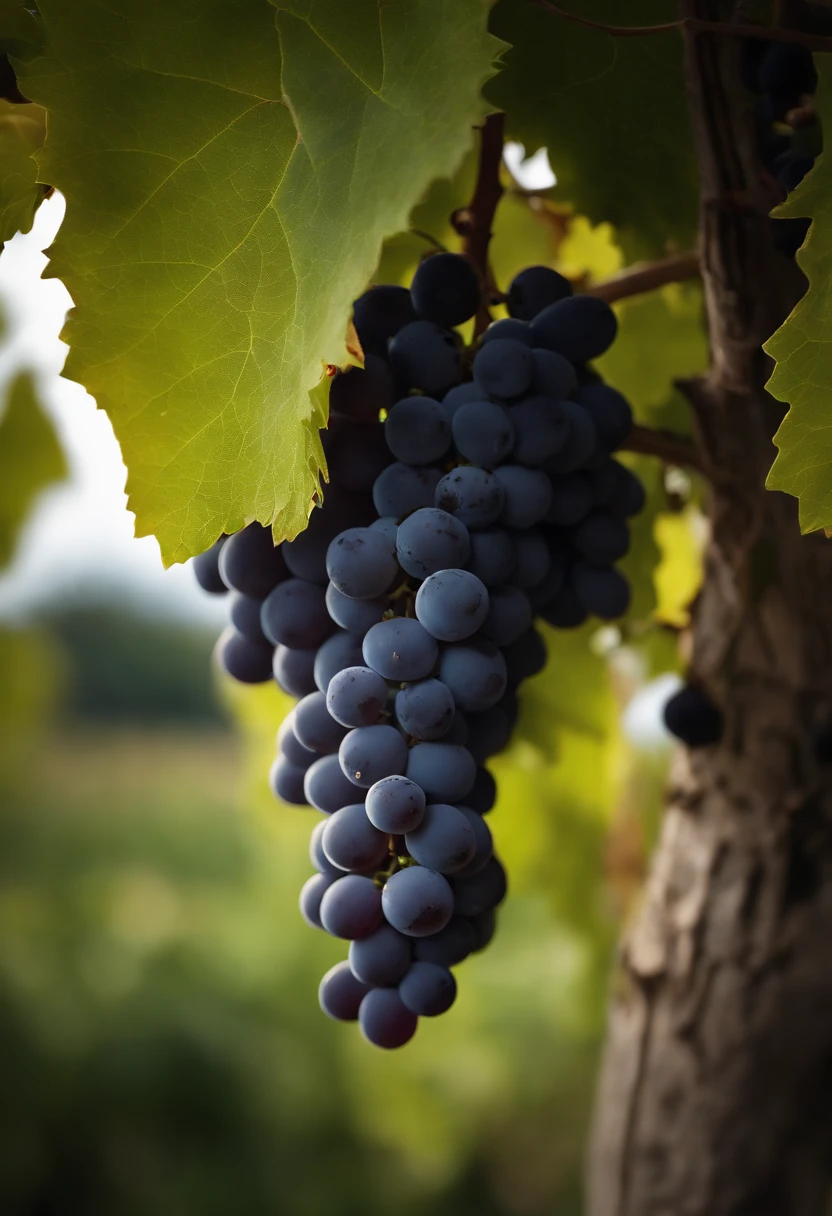 a high-resolution shot of a grapevine in a vineyard, with lush green leaves and clusters of grapes, evoking the beauty and abundance of nature’s harvest