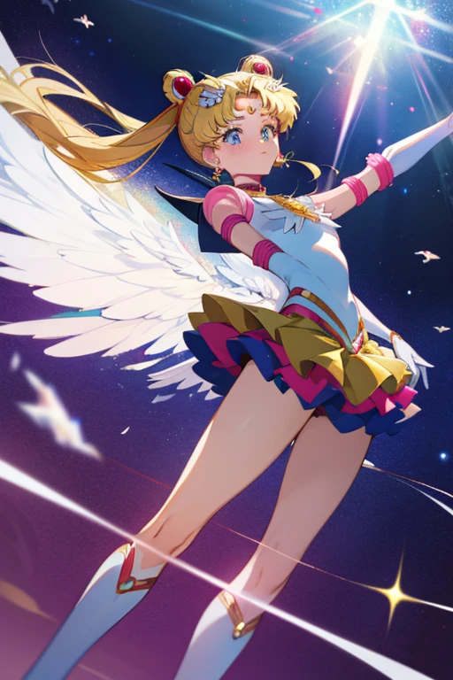 masterpiece,best quality,highly detailed,1girl,solo,blush, hologram,holographic body, dynamic pose,holographic dress, eternal sailor moon, disintegrate effect, from below
