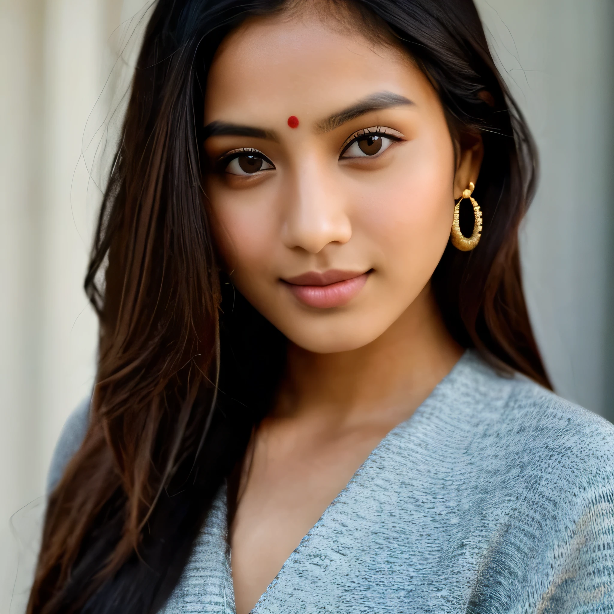 Create an image of a Nepali female model in an elegant pose. She has a wheatish skin tone, representing the common complexion found in Nepal. Her hair is long, dark brown, and fades into lighter brown towards the ends, styled in a way that elegantly frames her face. The model's pose should be graceful and confident, showcasing a blend of traditional Nepali elegance and contemporary fashion sensibilities. Her facial expression is serene and confident, with her eyes gazing softly towards the camera, conveying a sense of depth and thoughtfulness. She is wearing a modern outfit that subtly incorporates elements of traditional Nepali design, highlighting the fusion of cultures. The background is minimalistic, ensuring the focus is on her pose, facial expression, and the unique features of her appearance, such as her striking wheatish complexion and the beautiful gradation of her hair.
