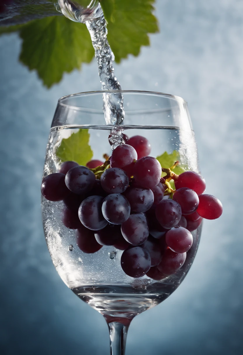 a creative shot of grapes being dropped into a glass of water, capturing the splash and movement as they submerge