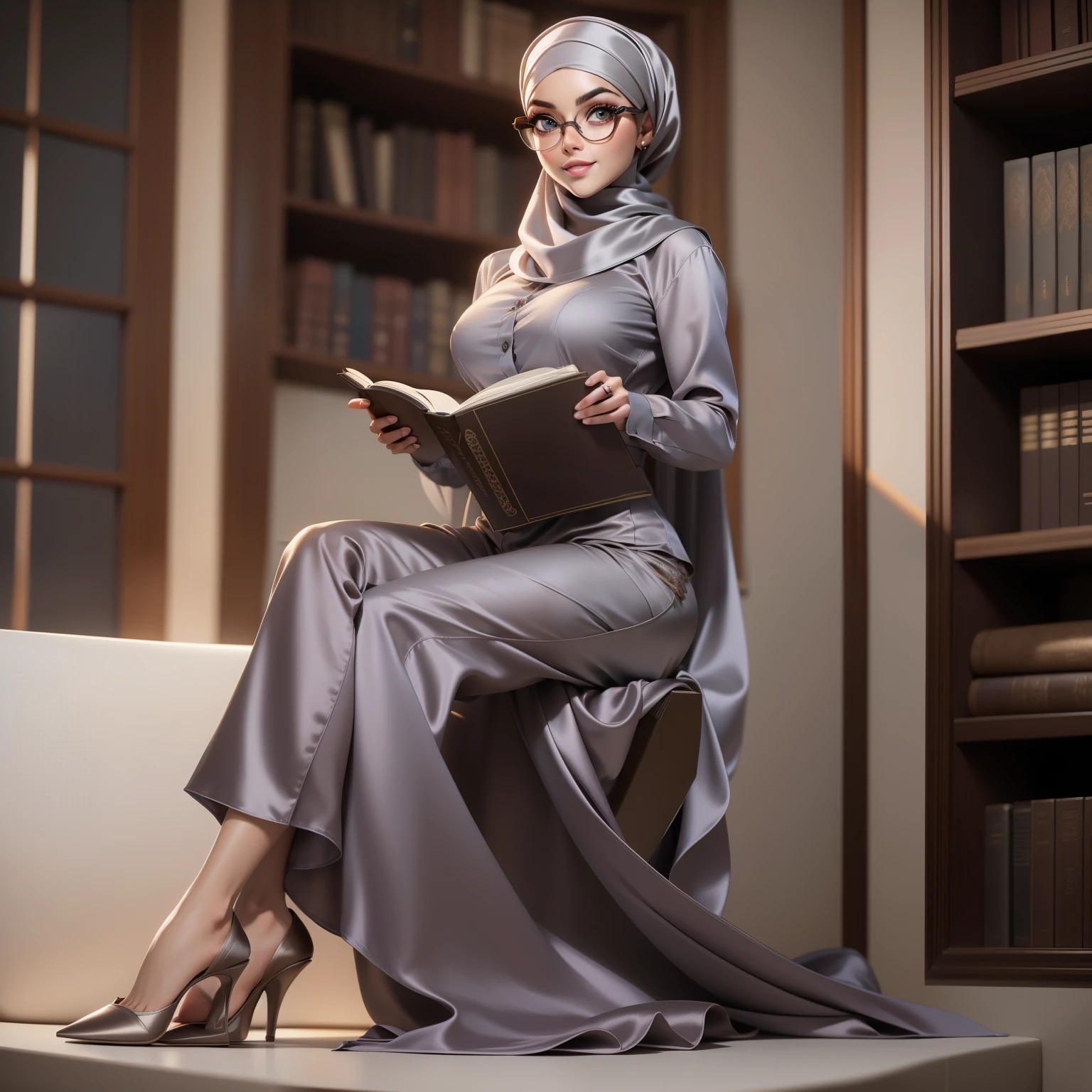 Masterpiece, realistic, best quality, best lighting, 1 girl photo solo, MILF, Muscular, beautifully makeup, eyeshadow, Parted Lips, Detailed Eyes, beautiful big eyes, long eye lashes, smile, wearing ((gray satin headscarf)), loosely tide hijab style, ((brown satin shirt)), satin long pants, office attire, sitting on desk, book shelve, office, full body, front view, round glasses