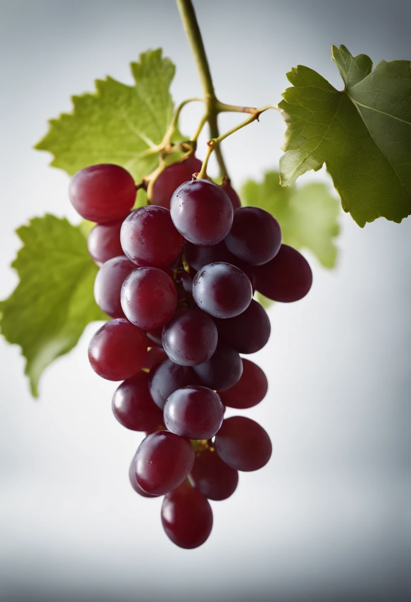 a minimalistic shot of a single bunch of grapes against a clean, white or monochromatic background, allowing the rich colors and smooth skins to be the focal point