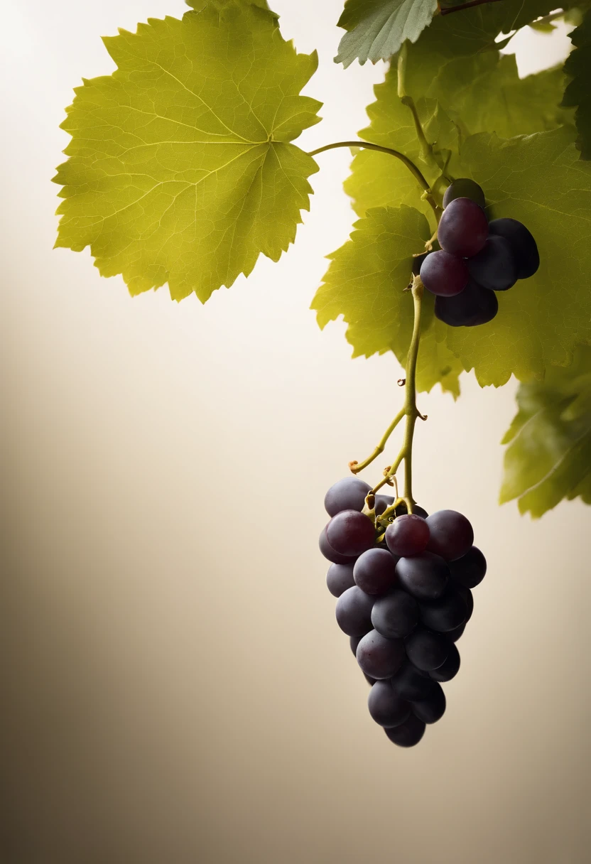 a minimalistic shot of a single bunch of grapes against a clean, white or monochromatic background, allowing the rich colors and smooth skins to be the focal point
