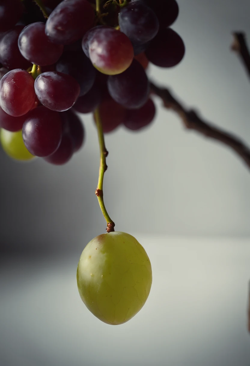 a minimalistic shot of a single bunch of grapes against a clean, white or monochromatic background, allowing the rich colors and smooth skins to be the focal point