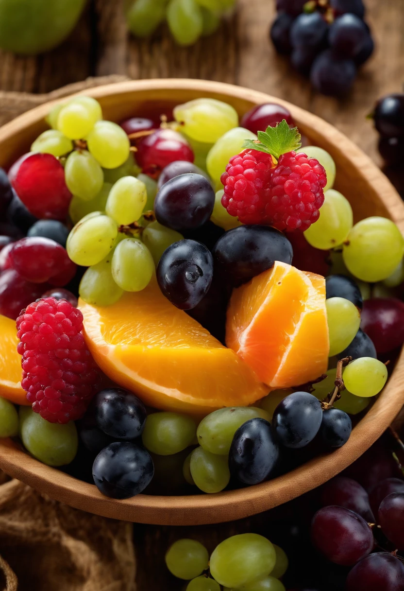 a high-angle shot of a fruit salad featuring a variety of grapes, alongside other colorful fruits, creating an appetizing and visually appealing composition