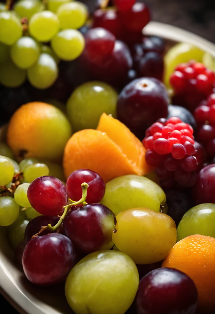 a high-angle shot of a fruit salad featuring a variety of grapes, alongside other colorful fruits, creating an appetizing and visually appealing composition