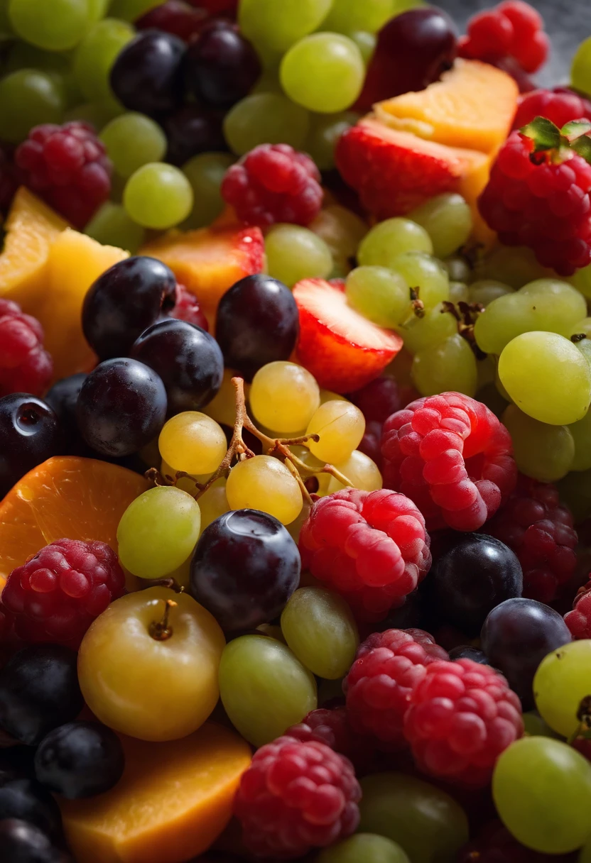 a high-angle shot of a fruit salad featuring a variety of grapes, alongside other colorful fruits, creating an appetizing and visually appealing composition