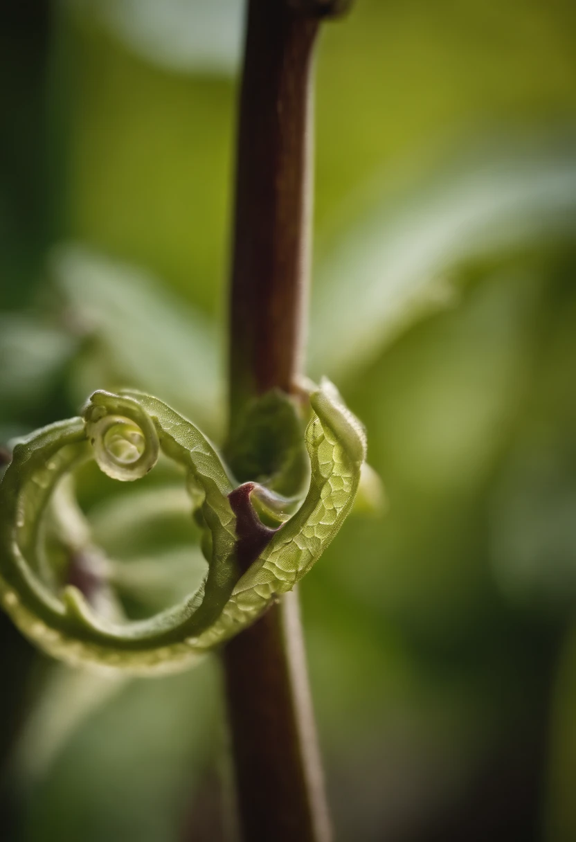 a detailed macro shot of a grapevine tendril, showcasing its delicate curls, texture, and patterns