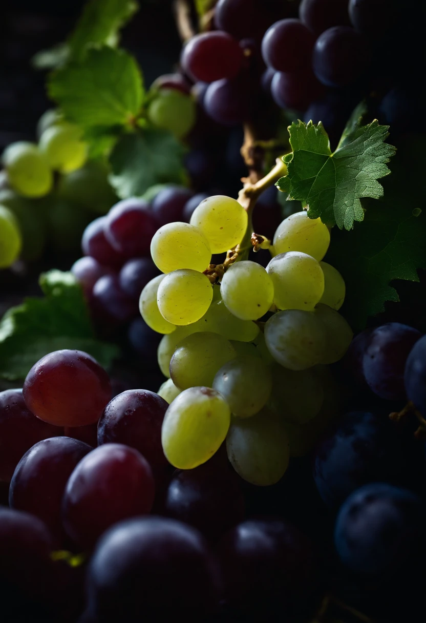 an abstract shot of grape clusters arranged in a visually interesting pattern or design, experimenting with creative compositions and lighting techniques to create a visually striking image