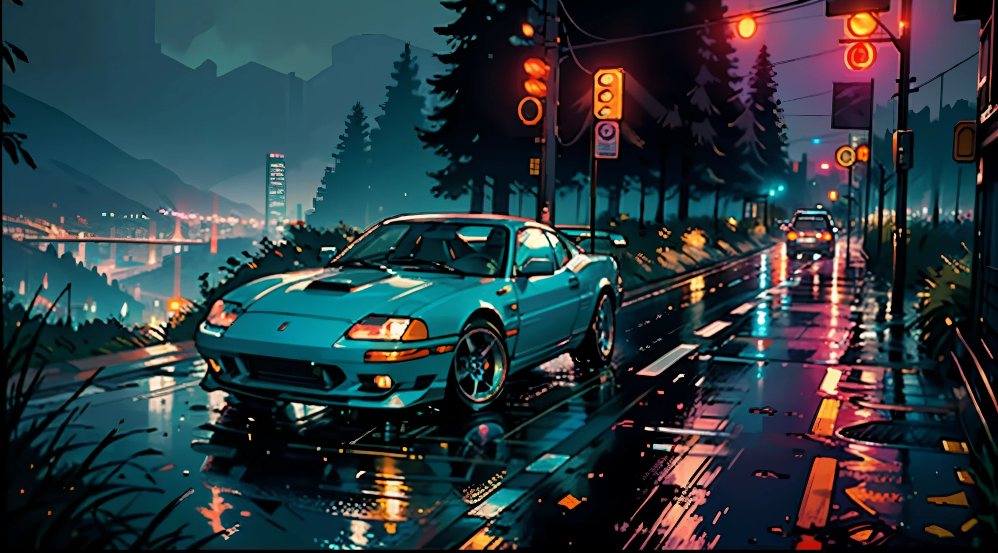 Sports Car, Retro, Full Color, Multicolor, Artistic, Superior Detail, Super Quality, Fine Details, Highlights, Neon Lights, 8k, Masterpiece, City Night, Neon Lights, Wet Road, Mountains, Forest,