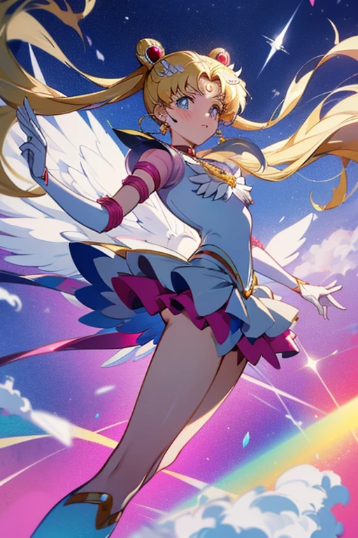 masterpiece,best quality,highly detailed,1girl,solo,blush, hologram,holographic body, dynamic pose,holographic dress, eternal sailor moon, disintegrate effect, from below, big breast, wind blowing