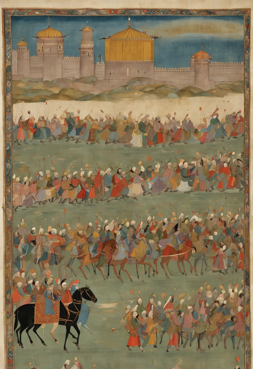A long horizontal New Year's scroll painting in medieval Persian style showing a royal procession on horseback traveling to the palace for Nowruz celebrations. Soldiers carrying banners lead the Shah and his entourage over a bridge decorated with lanterns towards the rising sun.