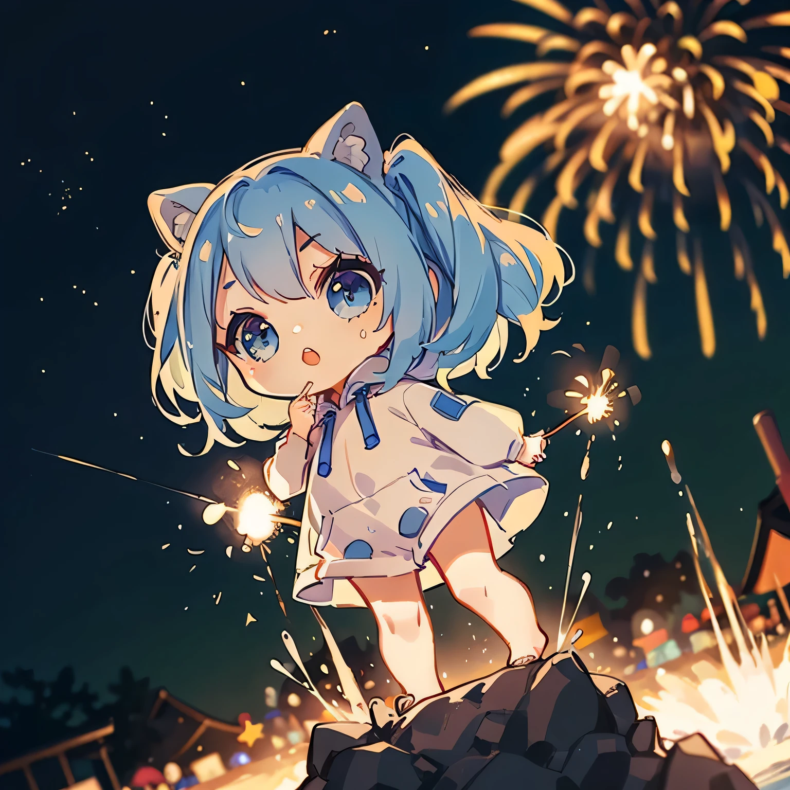 Chibi:1.8, 1boy, with blue hoodie, Blowing in the wind, Summer Festivals, natta, food stand, Spirit Stream,Big Fireworks:1.7, Fireworks in the night sky:1.8,poneyTail,dutch angle shot,ground-level shot,low angle,full body shot,long shot,(masutepiece: 1.3), (exquisite detailing: 1.2), Delicate and beautiful details, (Eye Detail), (Facial Detailed), (Highest Quality) :1.4), (Hyper-Resolution: 1.2), (very detailed illustration),Best Quality,depth of fields, Wide light, natural shadows