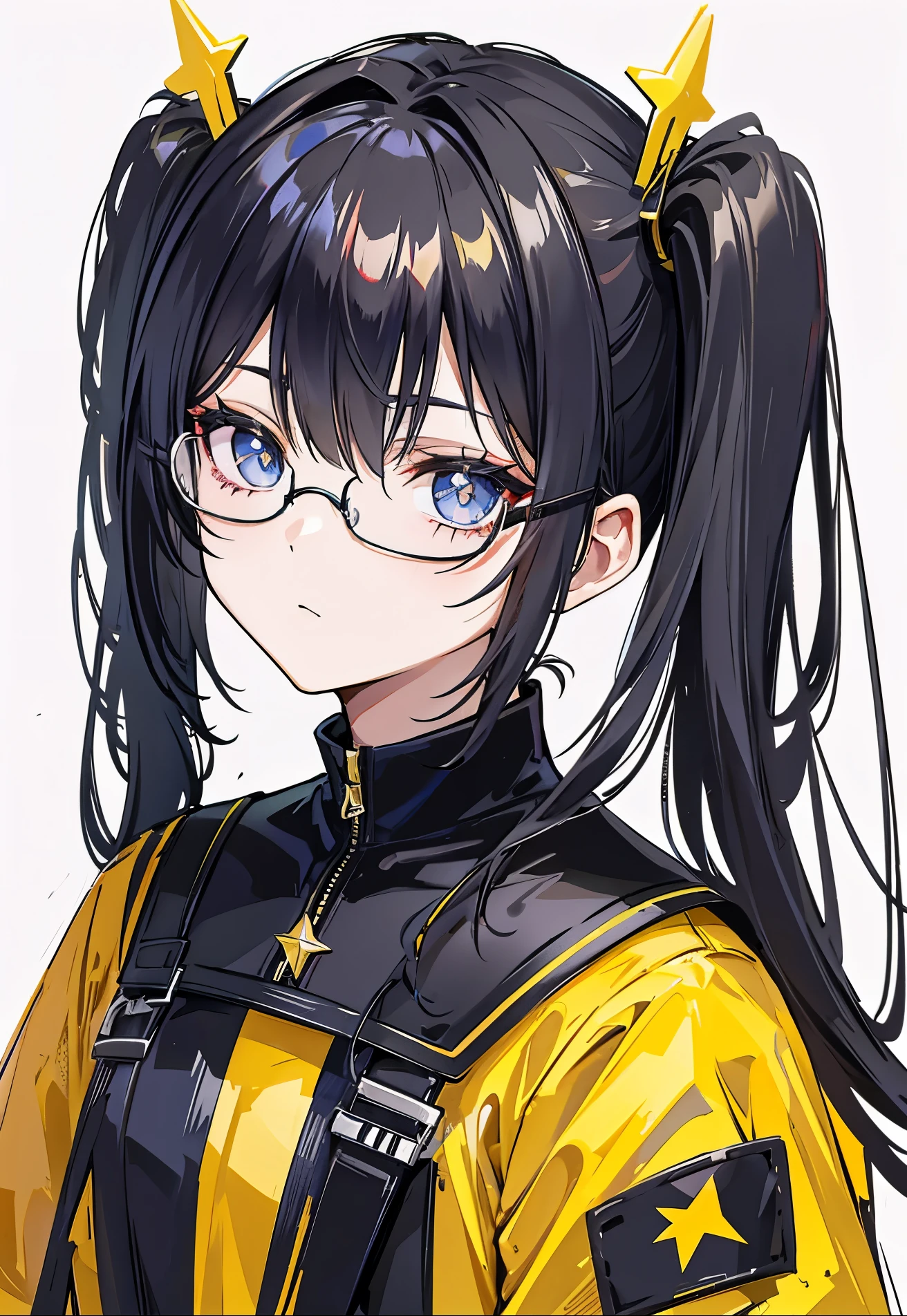 Dark yellow twin ponytails,Star decoration,Meteor decoration,With black glasses,There is a deceptive look in the eyes,Girl but very handsome,There is a sense of contempt in his eyes,黑黄的冲锋衣有着Star decoration