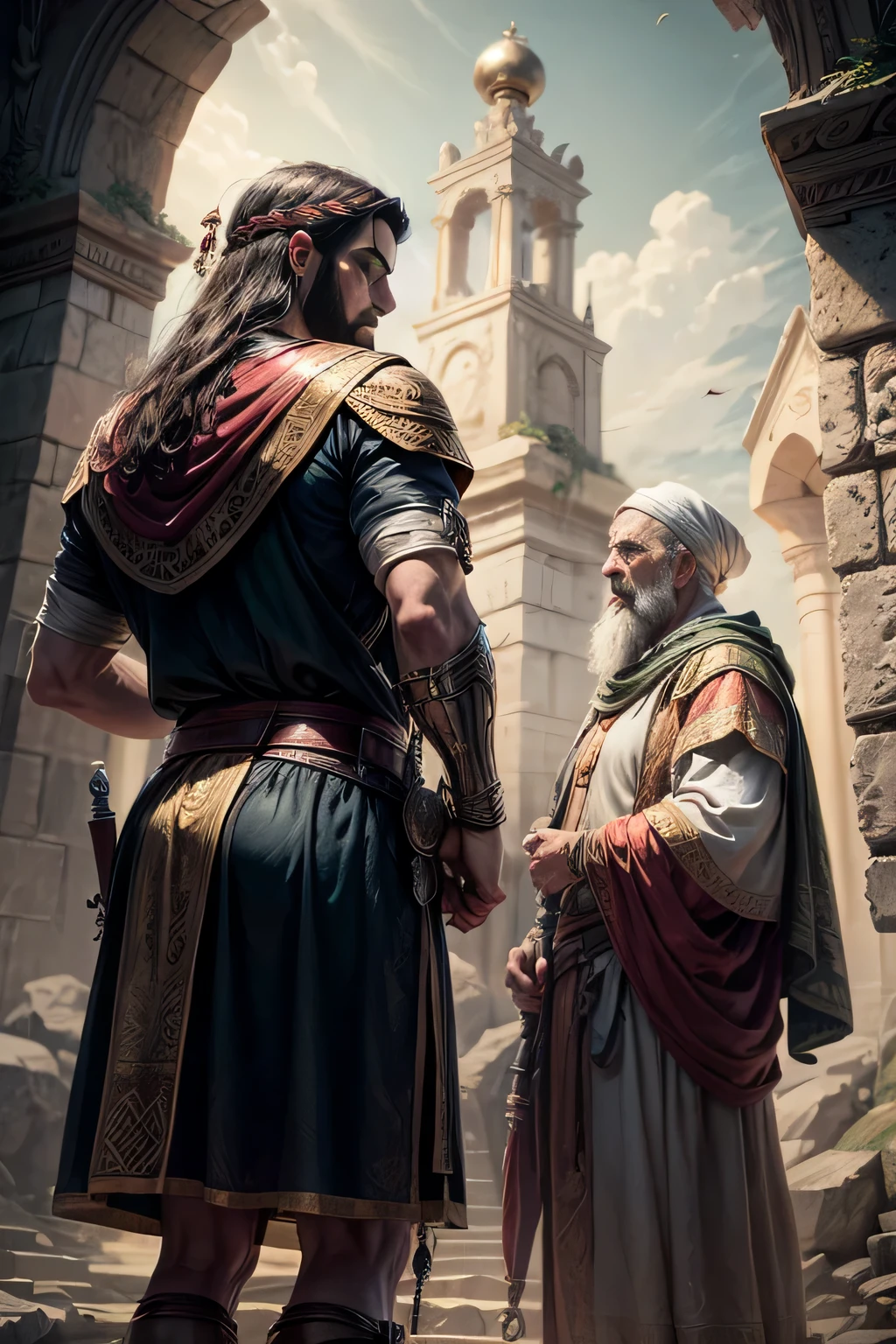 A visual representation of Hezekiah resisting Assyria and Manasseh restoring pagan practices, ultra detalhado, ultra detalhado background, 8k