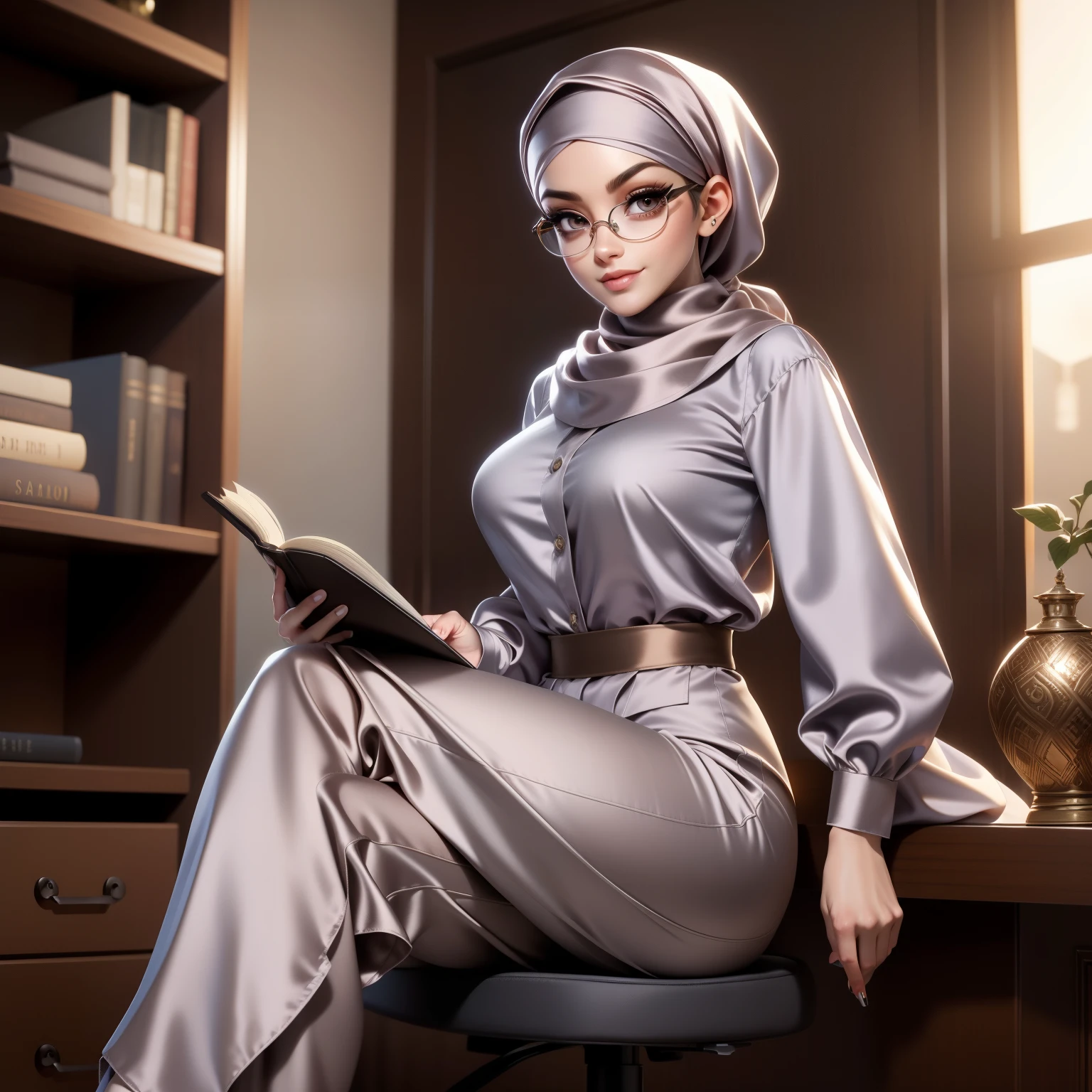 best quality, masterpiece, highres, (moslem female dress:1.4)Beautiful face, (full body), tyndall effect, photorealistic, dark studio, rim lighting, two tone lighting, dslr, soft lighting, volumetric lighting, candid, Photograph, high,Bokeh, (hyperrealistic girl), (illustration), (extremely detailed), (best illustration), (beautiful detailed eyes), (best quality), (ultra-detailed), (photorealistic), (natural light), (detailed face), (high detailed realistic skin texture), (anatomically correct), (solo), (1 girl), (heterochromic eyes), (detailed eyes), (sparkling eyes), (long legs), (dynamic pose), (concentrated expression), (wearing hijab:1.4), (moslem headscarf:1.37), reading glasses.holding cup of coffe, sitting pose, smile nicely, perfect body, show tigh, cafe background under the lamp