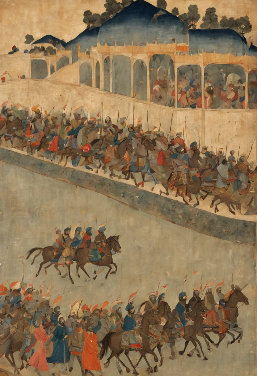 A long horizontal New Year's scroll painting in medieval Persian style showing a royal procession on horseback traveling to the palace for Nowruz celebrations. Soldiers carrying banners lead the Shah and his entourage over a bridge decorated with lanterns towards the rising sun.