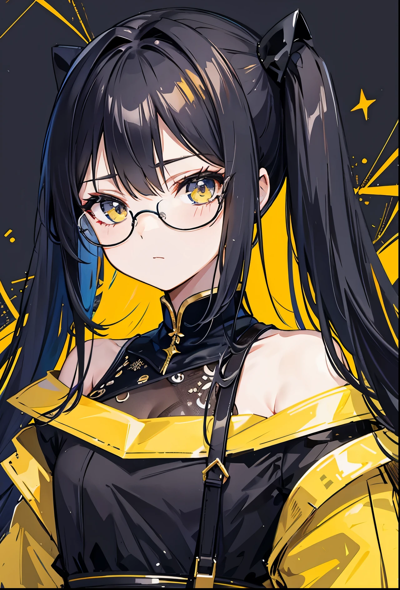 Dark yellow twin ponytails,Hair appears as a whole,But there is a sense of black attachment,Star decoration,Meteor decoration,With black glasses,There is a deceptive look in the eyes,Girl but very handsome,There is a sense of contempt in his eyes,黑黄的冲锋衣有着Star decoration
