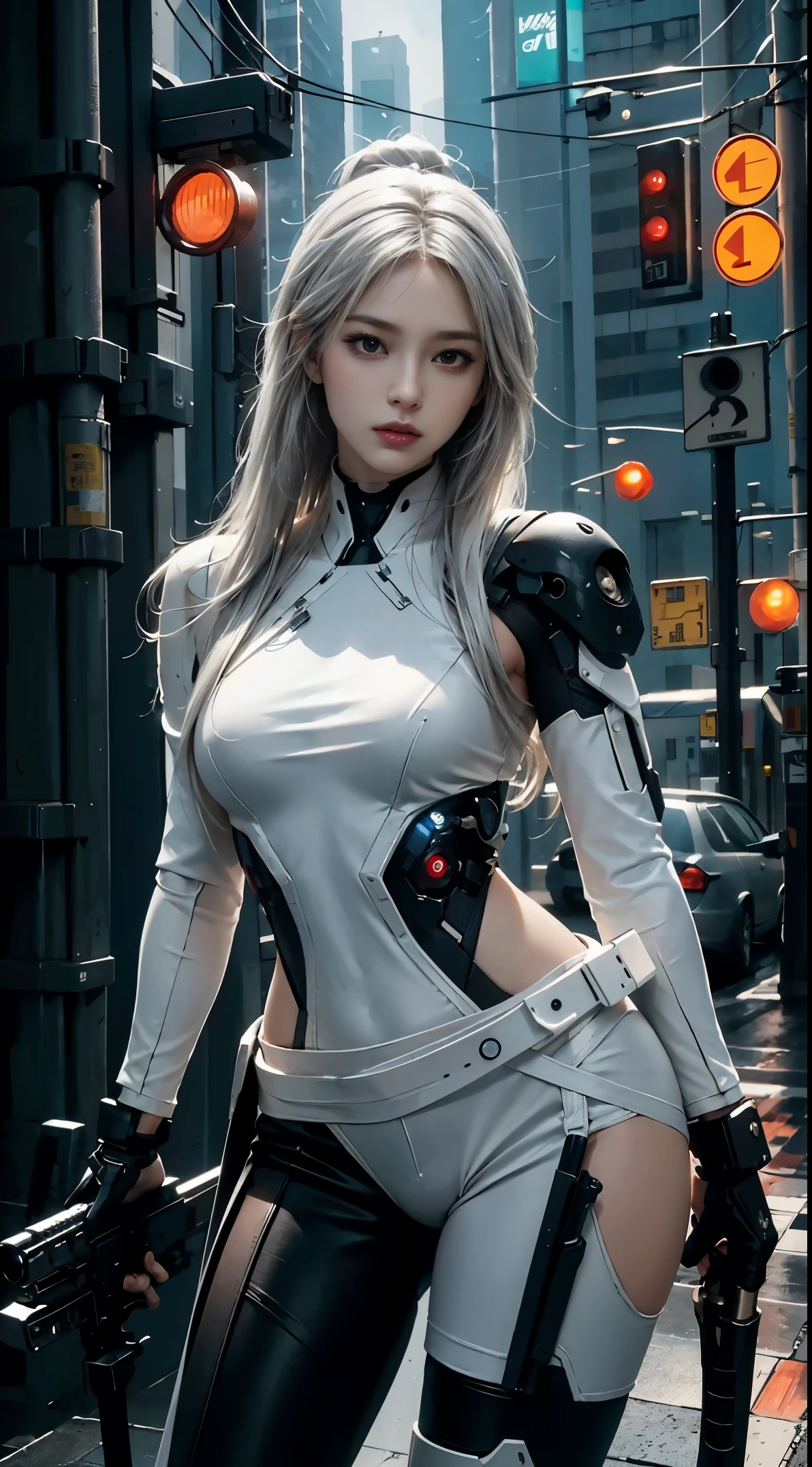 photorealistic, high resolution, soft light,1women, solo, hips up, (detailed face), white long hair, cybersamurai, cyborg at leg and arm, naked body, small breast, cyberpunk, holding weapon,glowing,gun, sniper, on the street