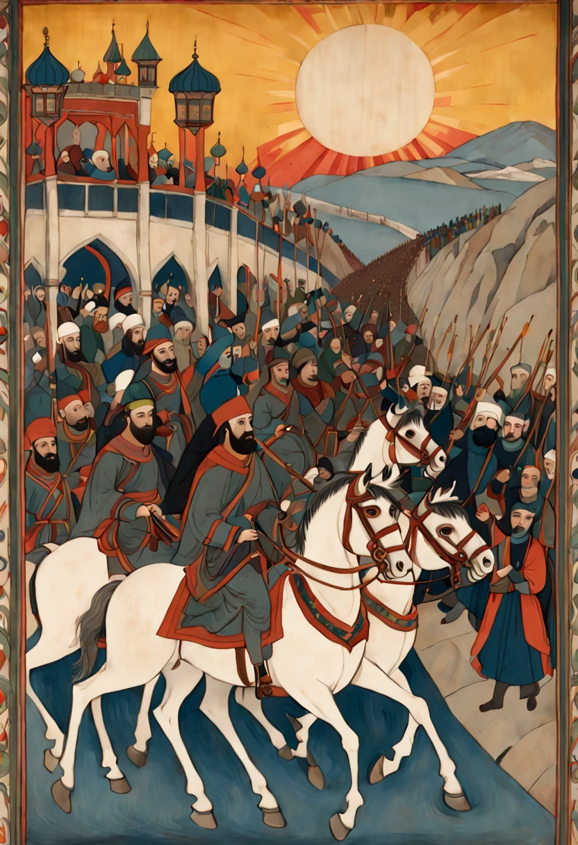 A long horizontal New Year's scroll painting in medieval Persian style showing a royal procession on horseback traveling to the palace for Nowruz celebrations. Soldiers carrying banners lead the Shah and his entourage over a bridge decorated with lanterns towards the rising sun.