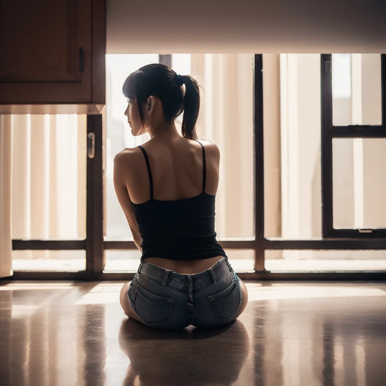 1girl, (all fours:1.3), short ponytail, ray tracing, (from behind:1.8), Ultra-Wide Angle, f/16, Nikon, UHD, masterpiece, highres, 8k