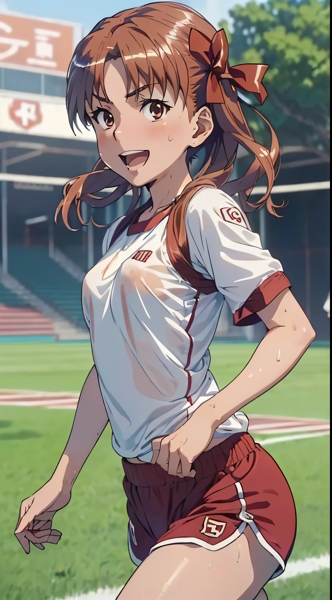 1womanl,Brown hair,14 year old beautiful breasts,(((Sexy white and red shiny short sleeve gym clothes and short cheeks、Smile with open mouth)),(((Kuroko Shirai))),((( portlate))),Crowds,Shiny white short-sleeved gym uniform and blue shorts,Wet with sweat,((athletic field)),((see -through)),outside of house,(((Shiny clothing)))