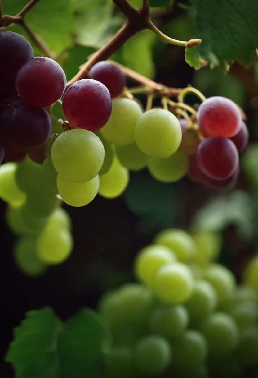 a close-up shot of a bunch of grapes, showcasing the plump, juicy berries and the delicate vine and stem