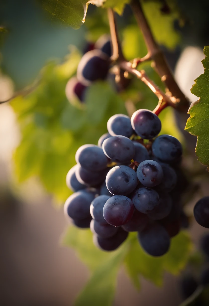 a close-up shot of a bunch of grapes, showcasing the plump, juicy berries and the delicate vine and stem