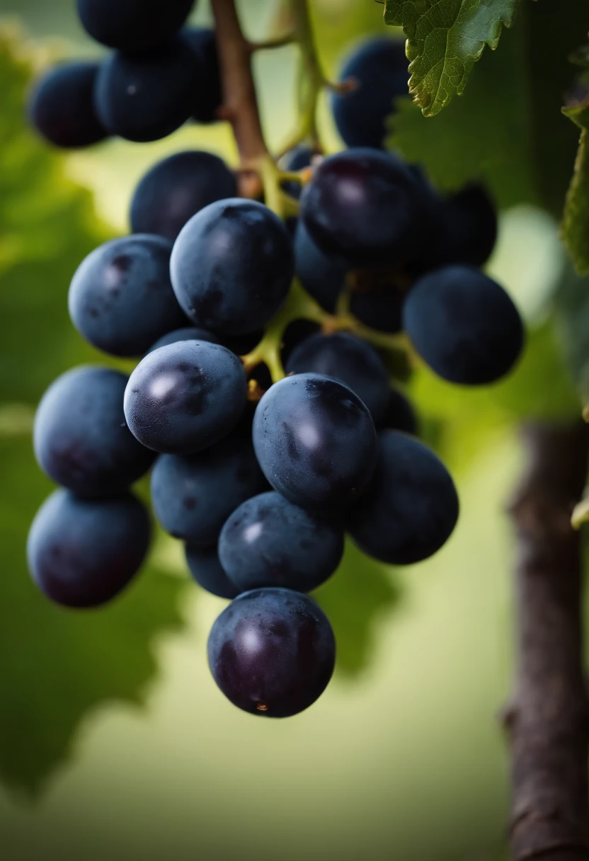 a close-up shot of a bunch of grapes, showcasing the plump, juicy berries and the delicate vine and stem