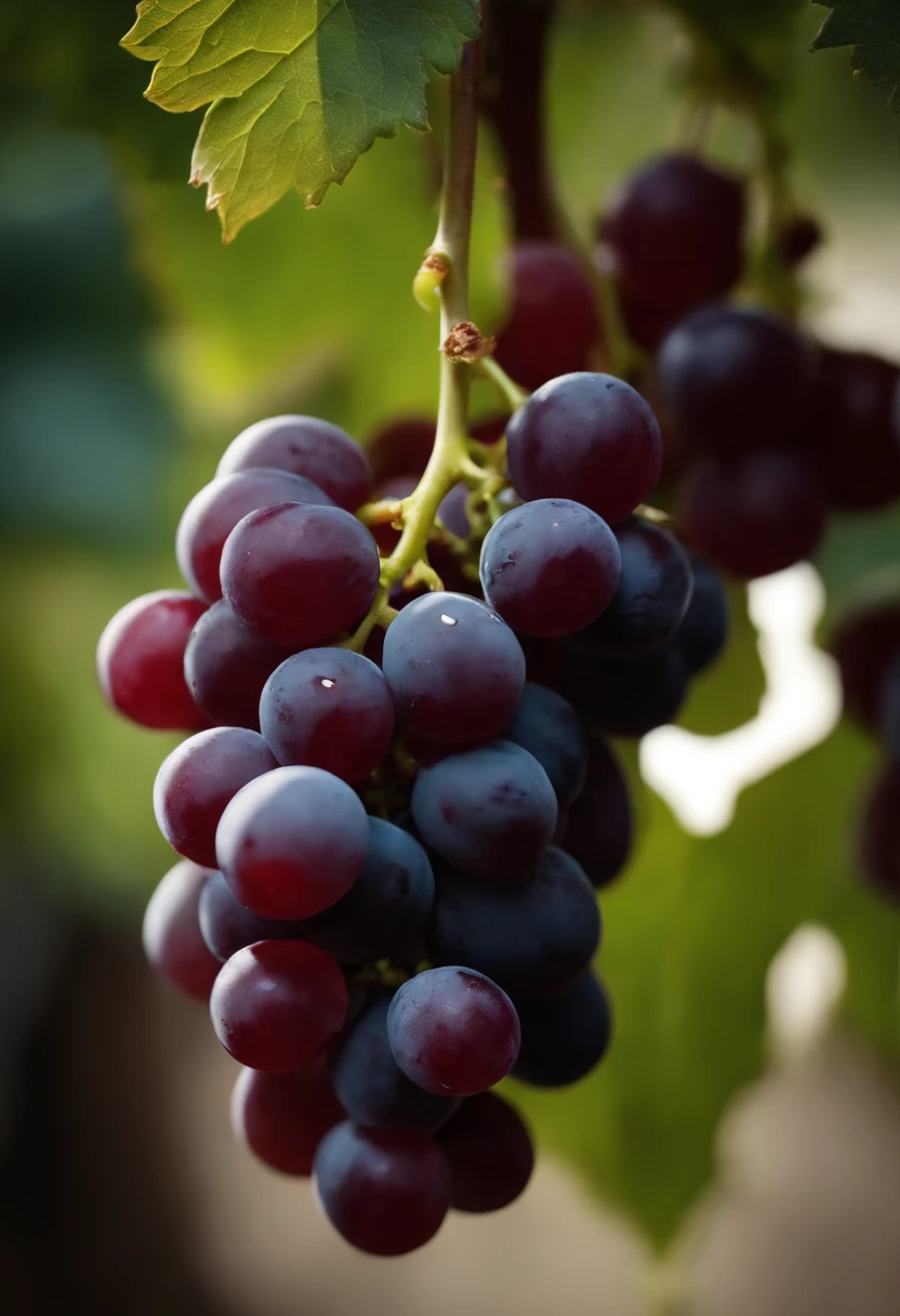 a close-up shot of a bunch of grapes, showcasing the plump, juicy berries and the delicate vine and stem