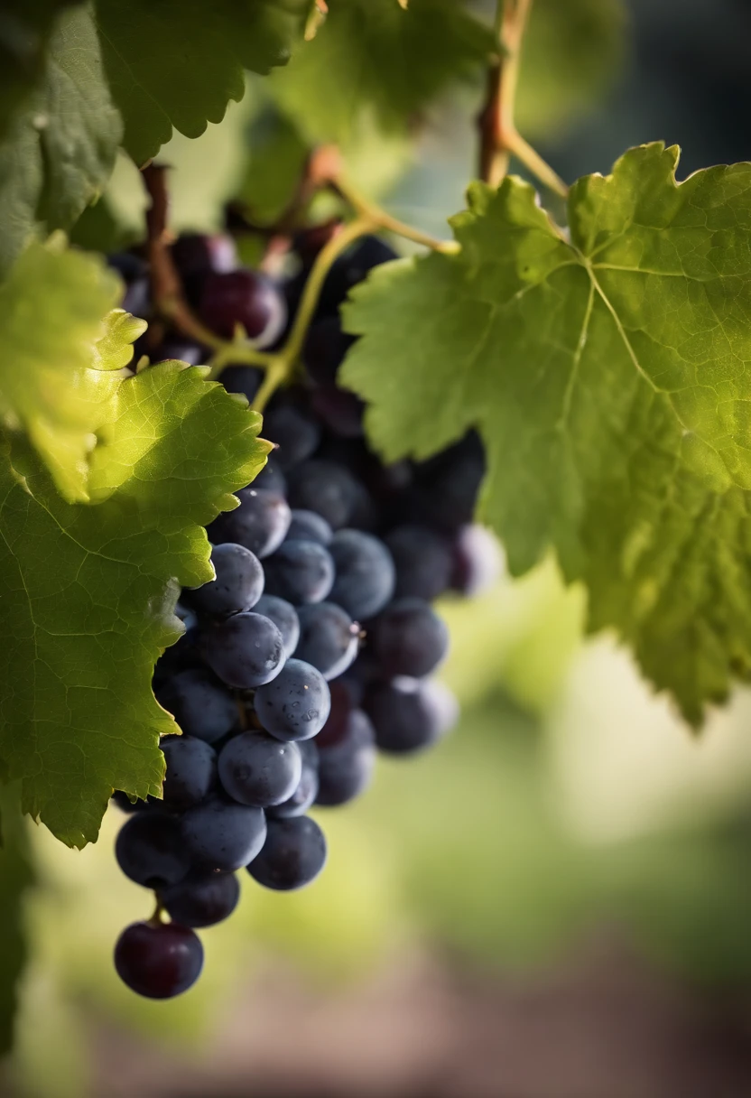 a close-up shot of a bunch of grapes, showcasing the plump, juicy berries and the delicate vine and stem