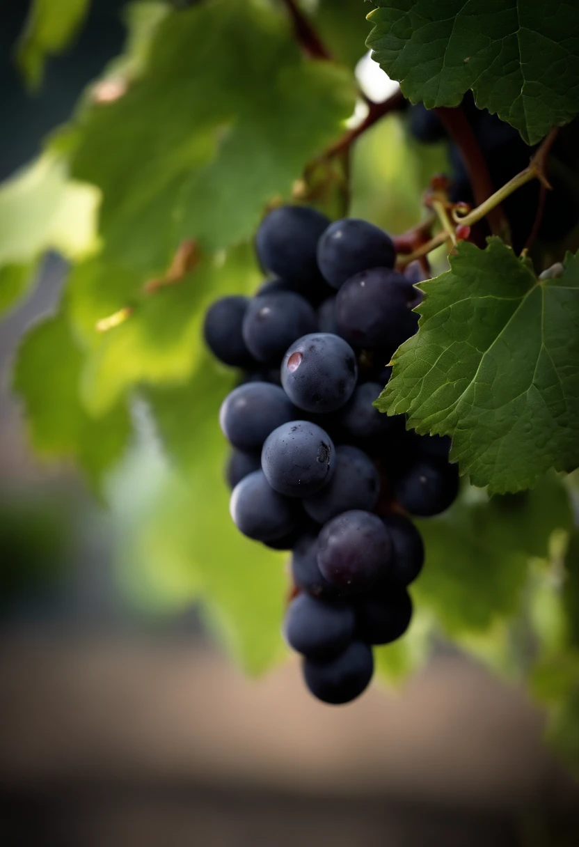 a close-up shot of a bunch of grapes, showcasing the plump, juicy berries and the delicate vine and stem