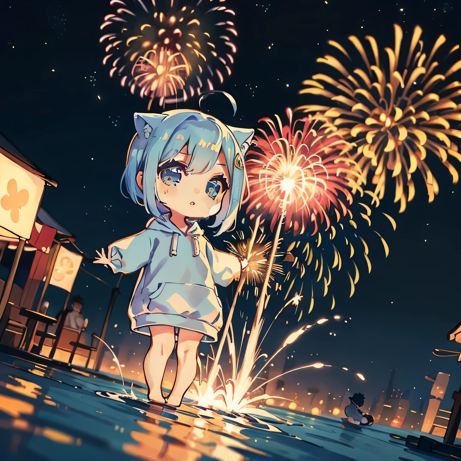 Chibi:1.8, (((1boy))), blue short hair and blue cat ears, with blue hoodie, Blowing in the wind, Summer Festivals, natta, food stand, Spirit Stream,Big Fireworks:1.7, Fireworks in the night sky:1.8,poneyTail,dutch angle shot,ground-level shot,low angle,full body shot,long shot,(masutepiece: 1.3), (exquisite detailing: 1.2), Delicate and beautiful details, (Eye Detail), (Facial Detailed), (Highest Quality) :1.4), (Hyper-Resolution: 1.2), (very detailed illustration),Best Quality,depth of fields, Wide light, natural shadows
