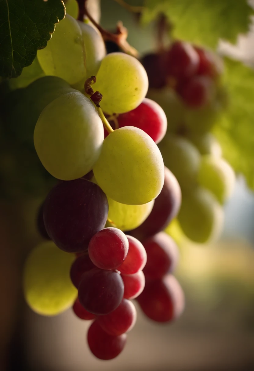 a close-up shot of a bunch of grapes, showcasing the plump, juicy berries and the delicate vine and stem