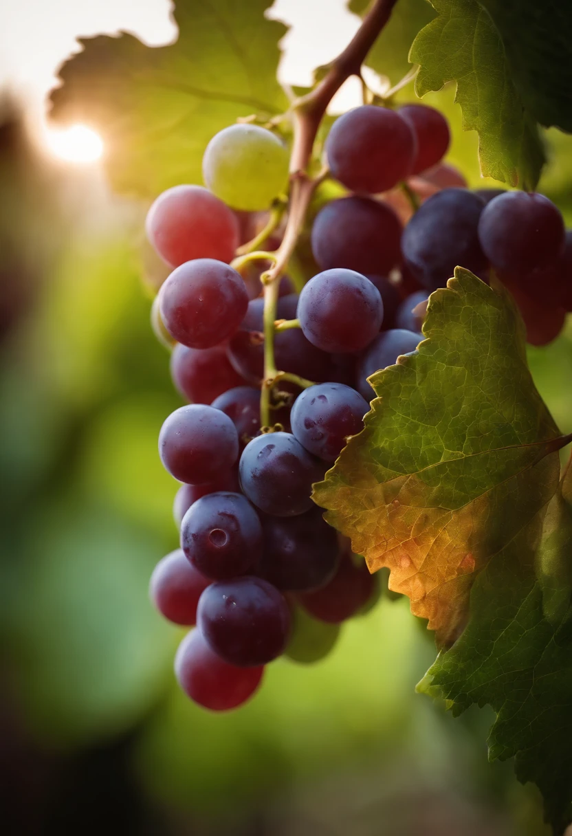 a close-up shot of a bunch of grapes, showcasing the plump, juicy berries and the delicate vine and stem