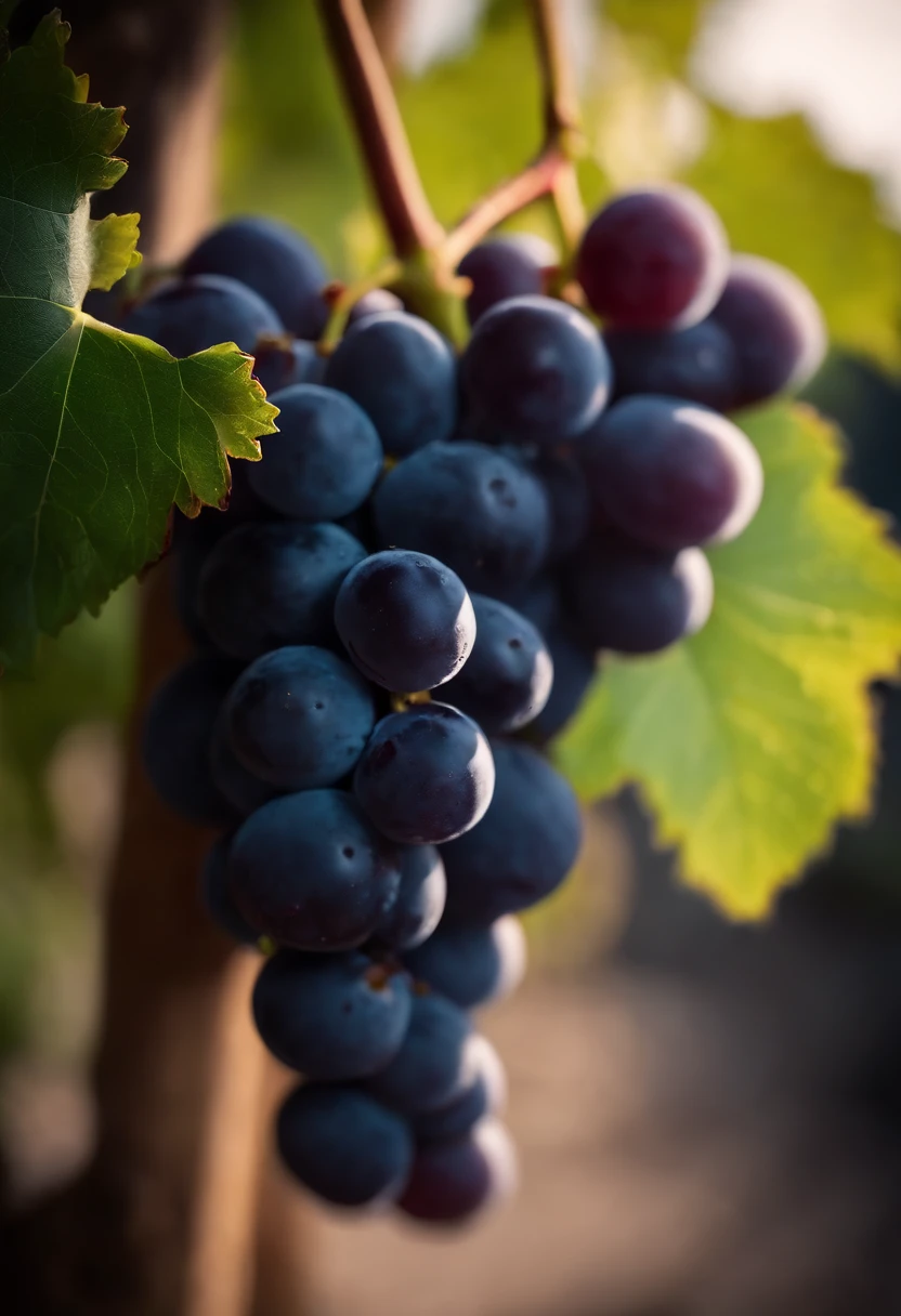 a close-up shot of a bunch of grapes, showcasing the plump, juicy berries and the delicate vine and stem