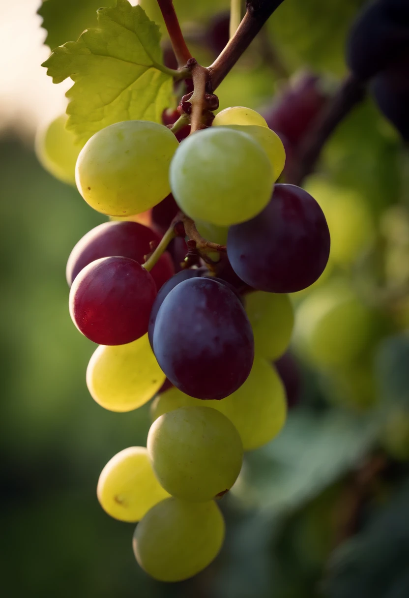 a close-up shot of a bunch of grapes, showcasing the plump, juicy berries and the delicate vine and stem