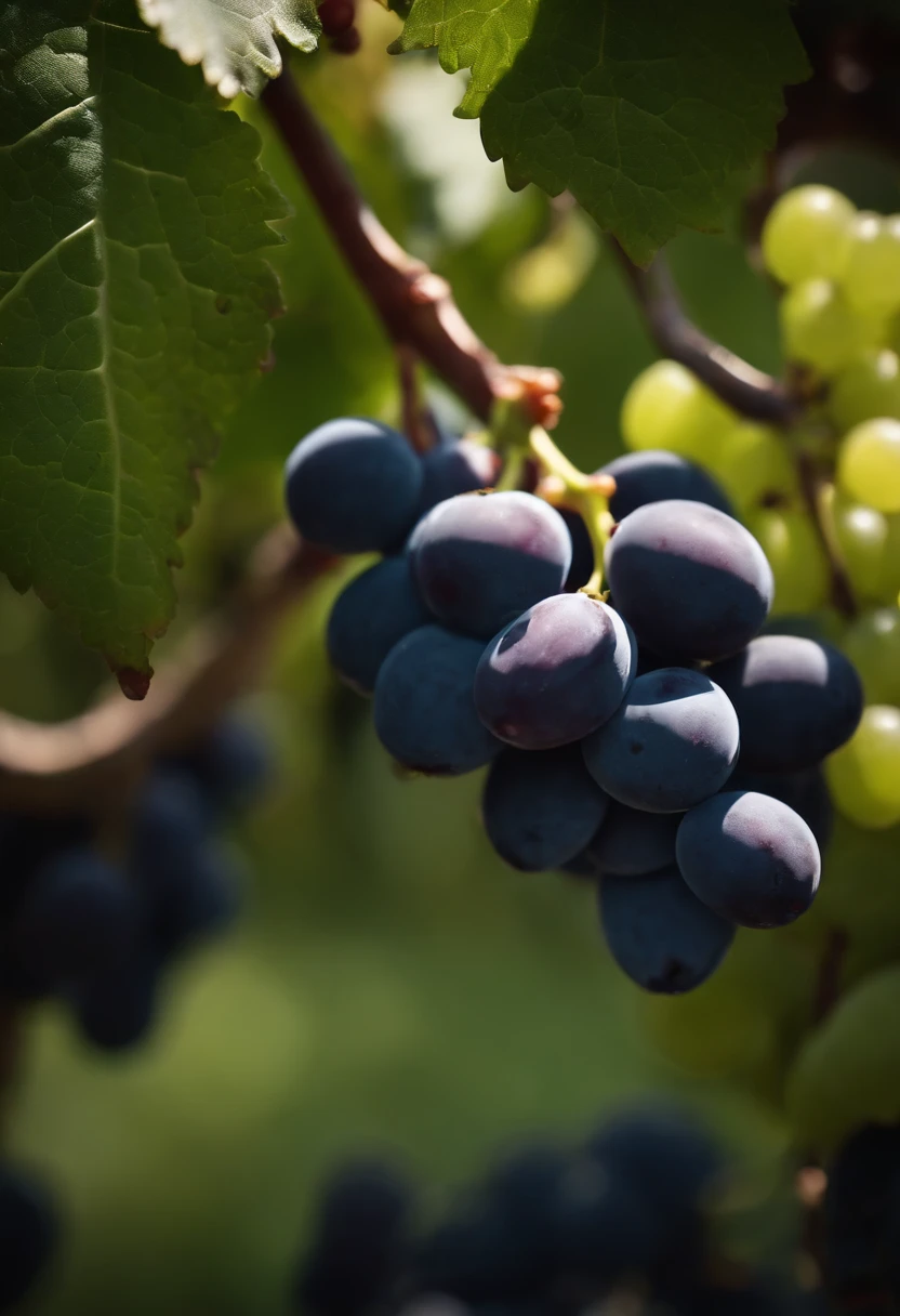 a close-up shot of a bunch of grapes, showcasing the plump, juicy berries and the delicate vine and stem