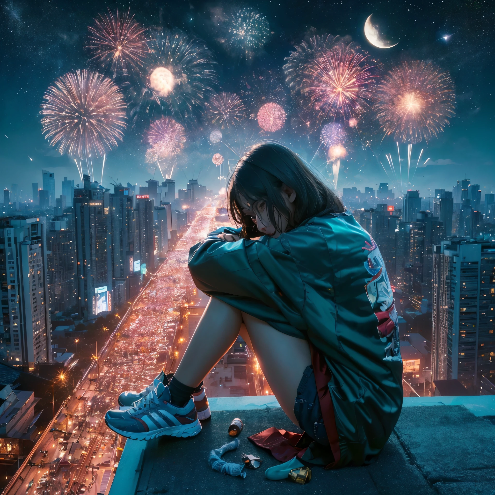 generate a lonely girl celebrate happy new year eve, bittersmile, sit at building rooftop, looking to the sky, sky full with fireworks, moon and stars, she is wearing shirt with jackets, short pants, sneakers, fireworks with text: happy new year 2024, masterpiece, best quality:1.2),(8k,highres,RAW photo,realistic,photo-realistic:1.3),(detailed skin texture), masterpiece, best quality:1.2),,(8k,highres,RAW photo,realistic,photo-realistic:1.3),(detailed skin texture,detailed cloth texture,beautiful detailed face:1.25),professional lighting,photon mapping,beautiful soft light,radiosity,physically-based rendering,raytracing, model shoot style, model shoot style, (extremely detailed CG unity 8k wallpaper), full shot body photo of the most beautiful artwork in the world, ((nsfw))