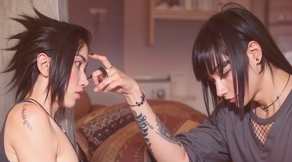 left guy has long emo-like bangs in the front and spiked hair in the back, the right one wolf cut hairstyle
