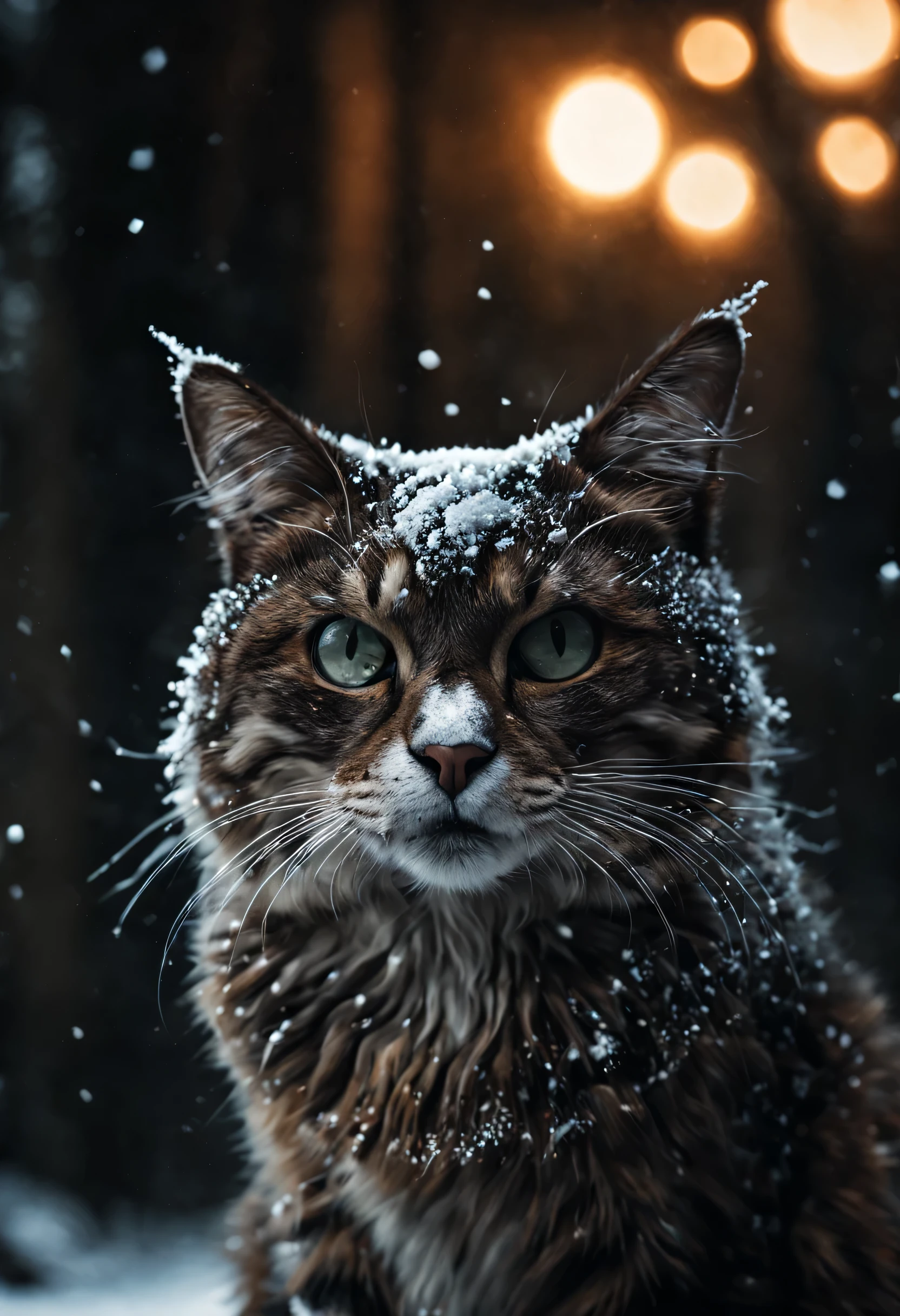 Gato, Primeira neve, Flocos, cobertura parcial de neve, cinematic filme ainda, breath-taking, queda de folhas, melancholic mood, textura de papel, A despedida sussurrada da natureza em rajadas de vento, foto-realismo, filmic grain, filme ainda, Bokeh, intriGatoely detailed, , perfect composition, beautiful detailed intriGatoe insanely detailed octane render trending on artstation, 8 k artistic photography, arte conceitual fotorrealista, soft natural volumetric cinematic perfect light, Chiaroscuro, Fotografia premiada, master part, oil on the canvas, Raphael, Caravaggio, Greg Rutkowski, bipe, Beksinski, Giger
