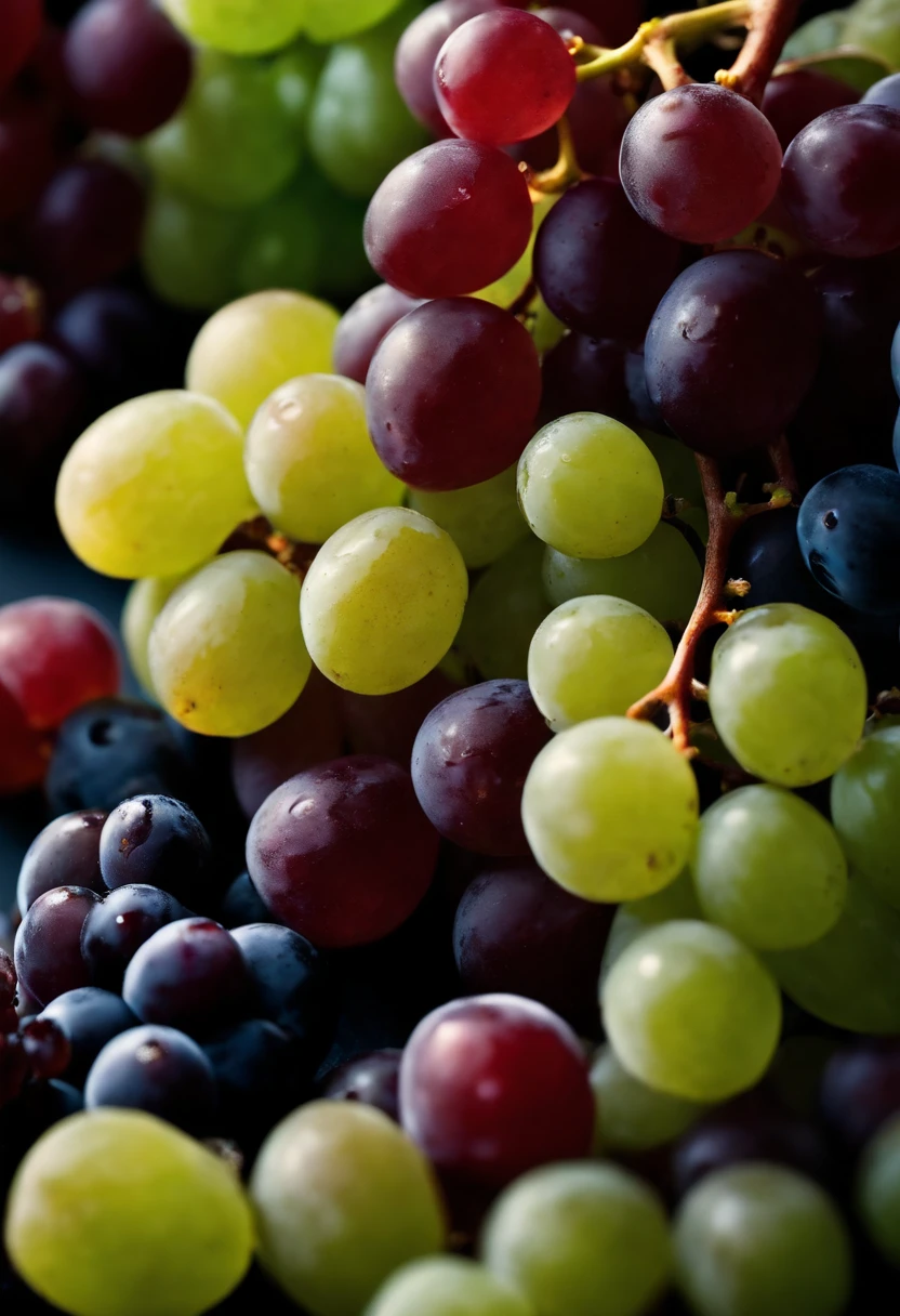 a top-down shot of a variety of grapes in different colors, arranged in a visually pleasing and appetizing composition.
