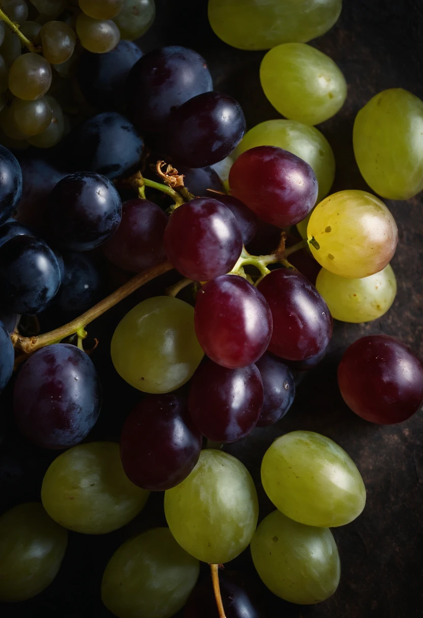 a top-down shot of a variety of grapes in different colors, arranged in a visually pleasing and appetizing composition.