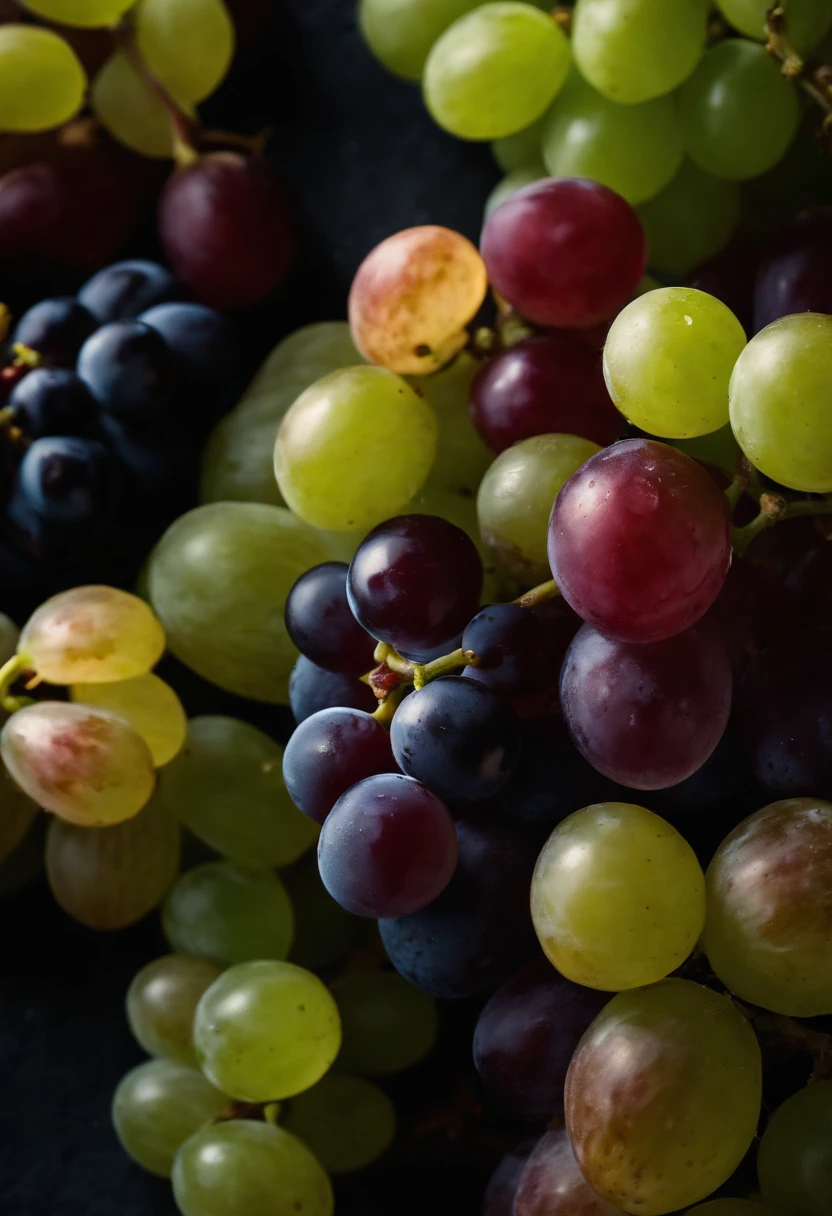 a top-down shot of a variety of grapes in different colors, arranged in a visually pleasing and appetizing composition.