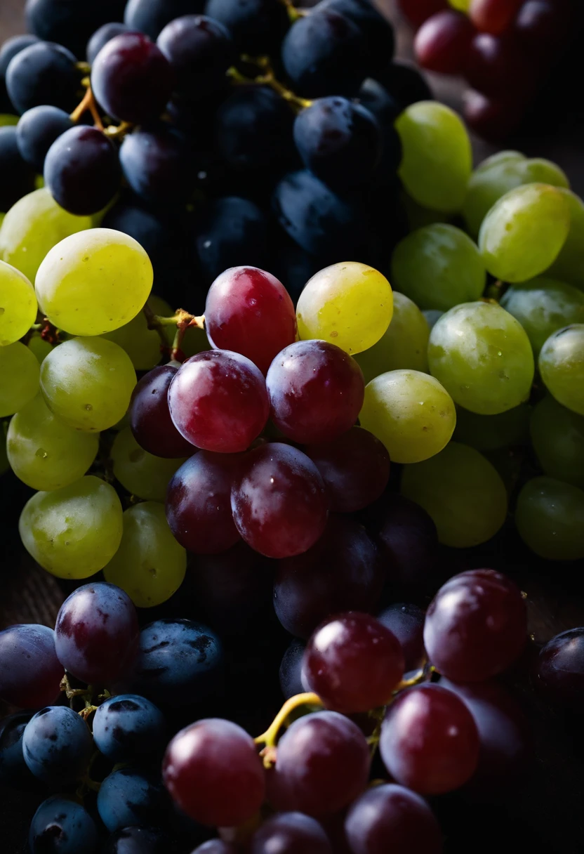 a top-down shot of a variety of grapes in different colors, arranged in a visually pleasing and appetizing composition.