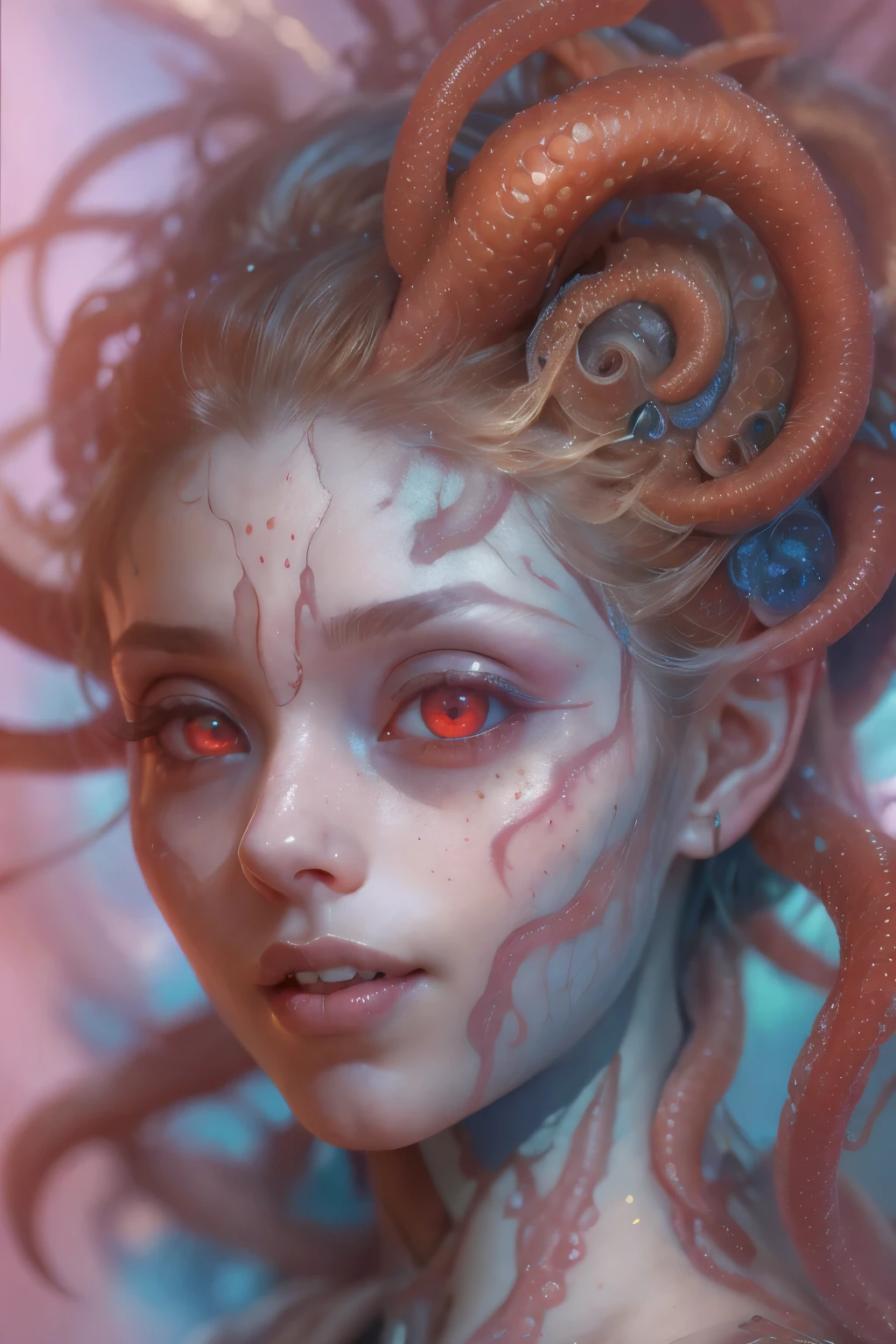 Portrait, (beautiful female alien:1.2), (she has red eyes with no pupils:1.8), (Translucent skin:1.7), (There is a female genital-like organ in the middle of the forehead:1.9), (The most beautiful face in the history of the universe:1.2),an evil gaze that seduces, (large mouth:1.1), (sharp teeth like a vampire:1.2), Full body like, (bio luminescent:1.5), (Smile wickedly:1.3), (sexypose:1.5), alien, No humans, cells are fused, (Lots of translucent tentacles:1.3) extraterrestrial, cell, bio image, Best Quality, 8K,4K_quality, High Definition, Dramatic Lighting, masutepiece:1.5,cinematic quality, detail up, (Intricate details:1.2), High resolution, High Definition, drawing faithfully, (Thick eyebrows:1.2), Beautiful eyes with fine symmetry,(Highly detailed face and eyes:1.2), Intimate face, (Super detailed skin quality feeling:1.4), Perfect ???????, (Beautiful toned body:1.5), (Moist skin:1.2), No makeup, (dark circles:1.1), long canines, cinematic drawing of characters, ultra high quality model, cinematic quality, detail up, (Intricate details:1.2), High resolution, High Definition, drawing faithfully, Official art, Unity 8K wall , 8K Portrait, Best Quality, Very High resolution, ultra detailed artistic photography, midnight aura, unreal enginee 5, Ultra Sharp Focus, art by alberto seveso, ArtGerm, Roisch, intricate artwork, best quality, masutepiece, ultra High resolution, (photos realistic:1.4), Ultra-realistic realism, dream-like, nautilus, Creation of fantasy, Snail, Dream Snail, biopunk nautilus, Thrilling color schemes, Ultra-realistic realism, seductively smiling, Blue tentacles,